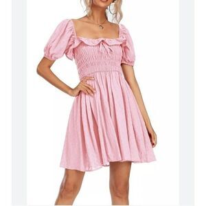 R.Vivimos Baby Pink Swiss Dot Cotton Puff Sleeve Ruffled Swing Mini Dress XL NWT